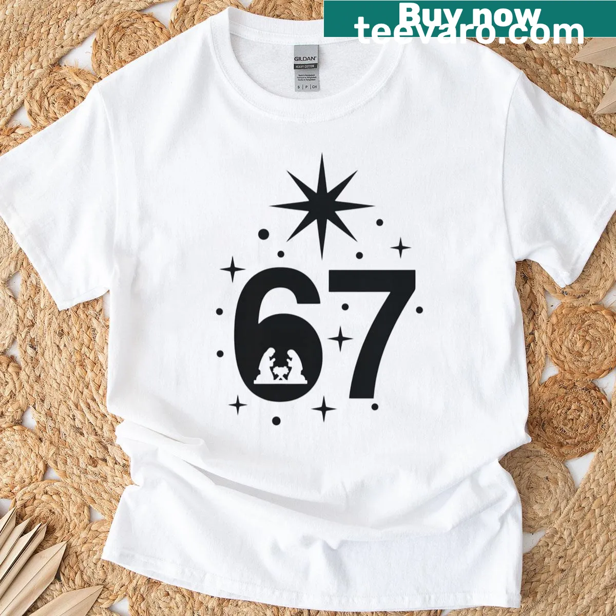 Minimal nativity design on a humorous Christmas T-shirt — on a men's t-shirt