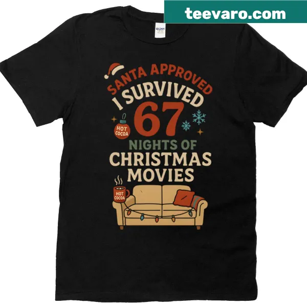 Holiday tee featuring 'Santa Approved Hot Cocoa' with festive illustrations