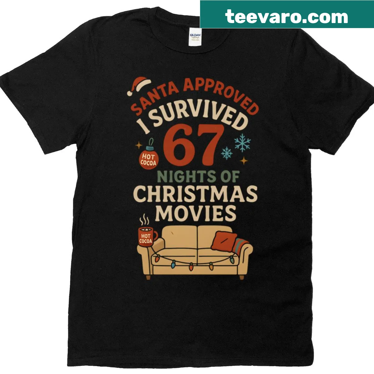 Holiday tee featuring 'Santa Approved Hot Cocoa' with festive illustrations — on a men's t-shirt