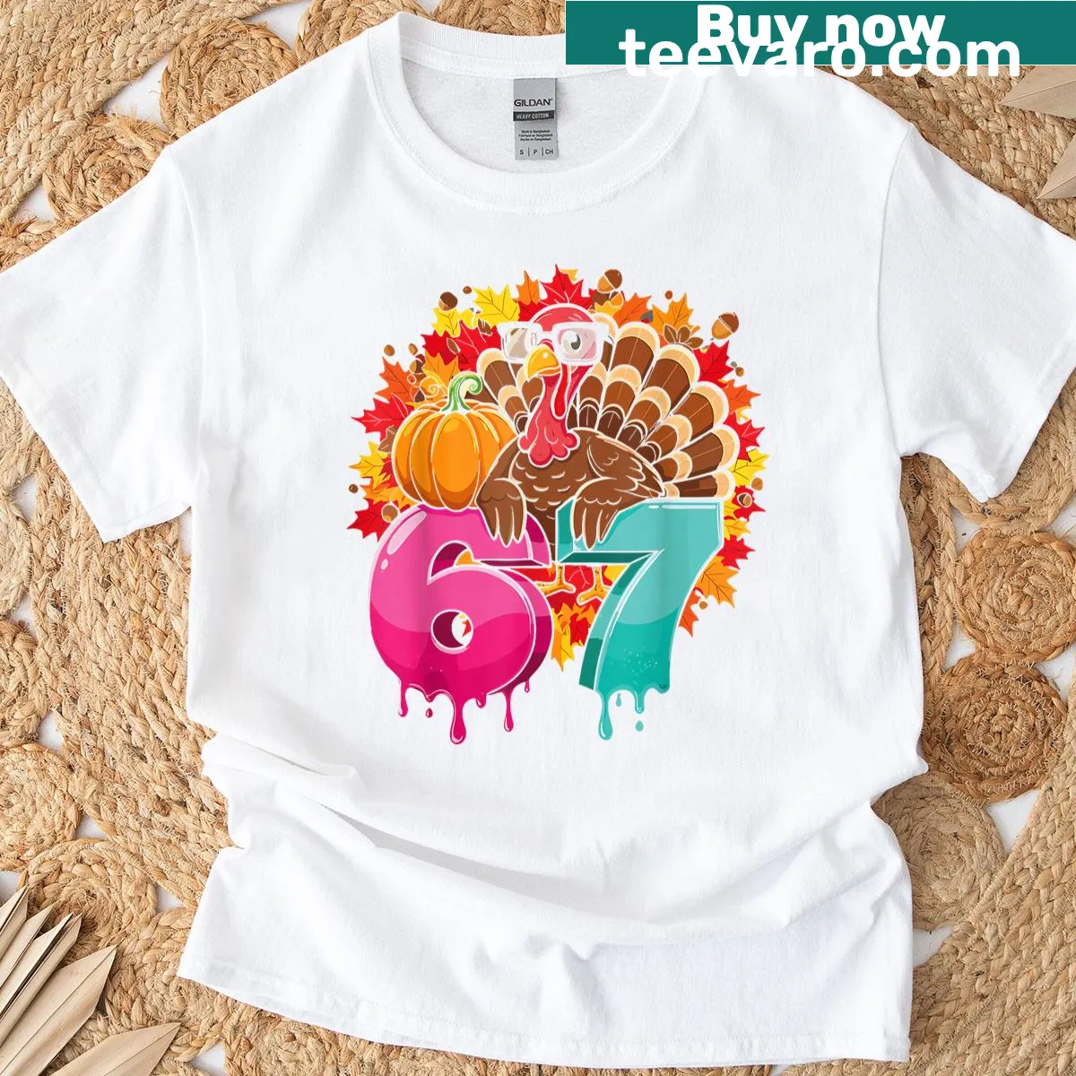 Thanksgiving T-shirt featuring the Six Seven turkey meme in a playful font — on a men's t-shirt