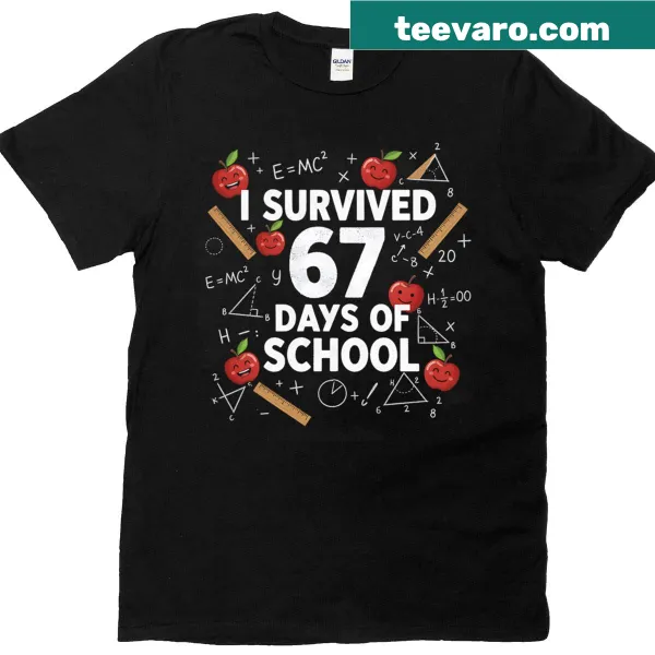 Teacher t-shirt celebrating 67th school day with fun math numbers
