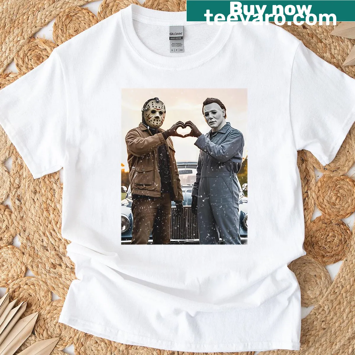 Funny Halloween T-shirt featuring Michael and Jason in heart hands — on a men's t-shirt