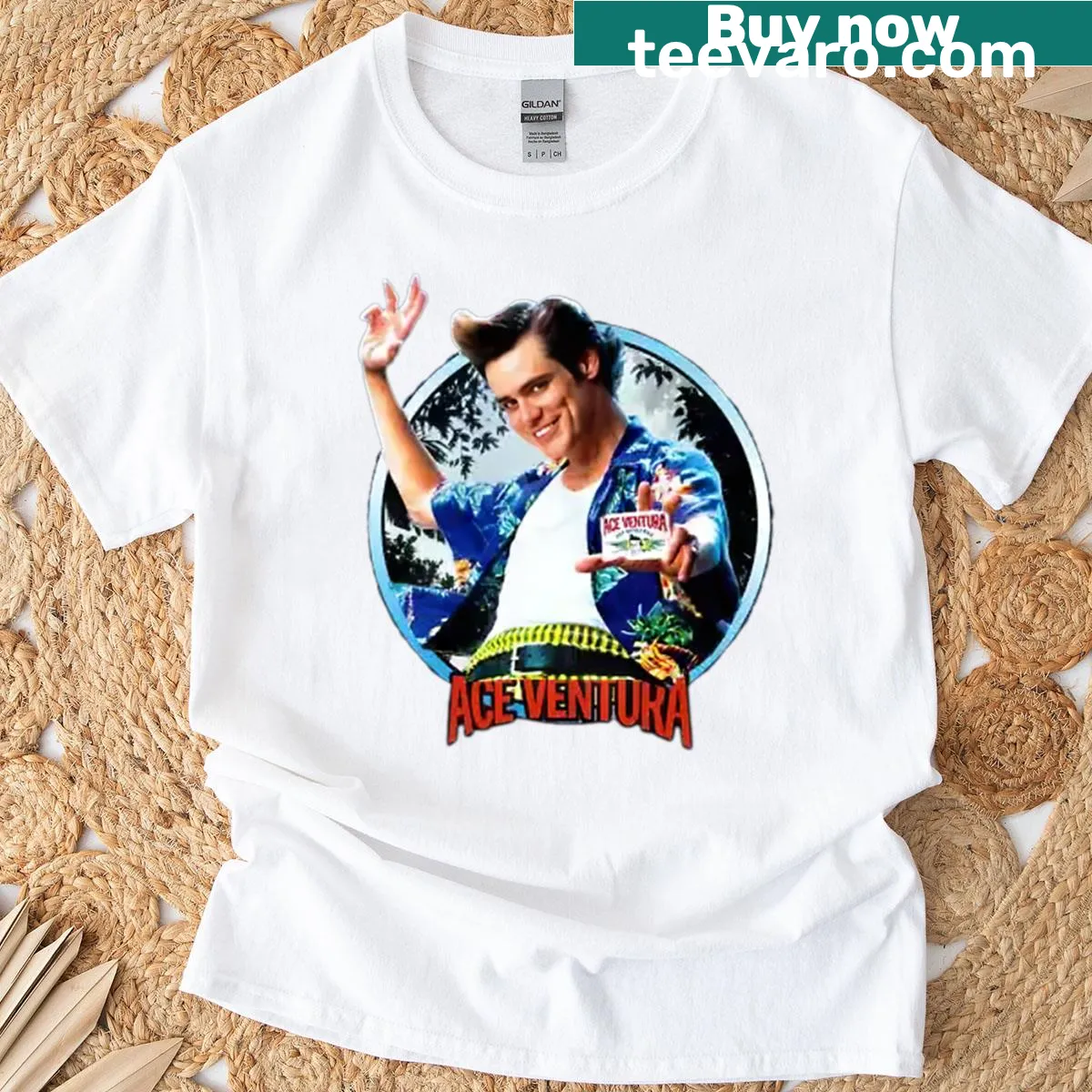 Ace Ventura T-shirt featuring the character in action — on a men's t-shirt