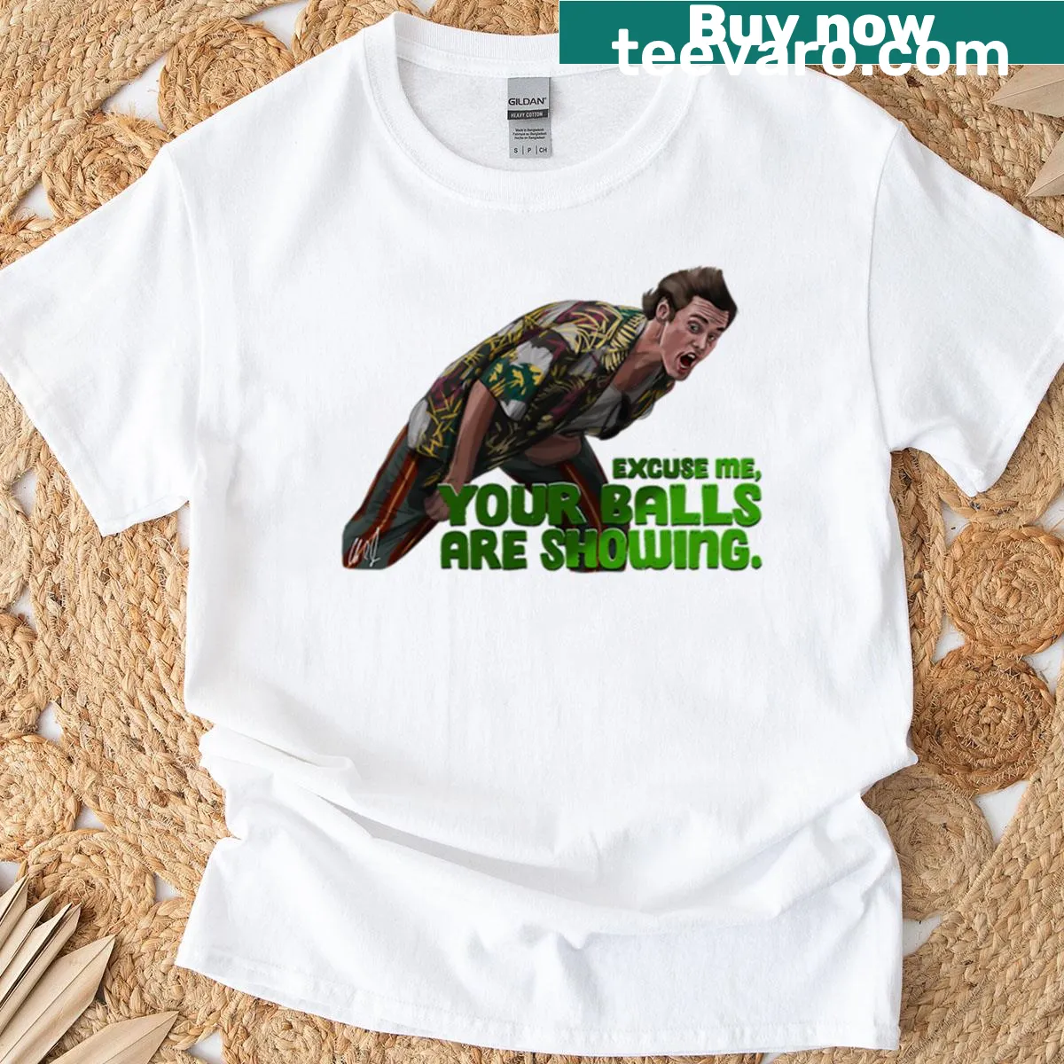 Humorous illustration inspired by Ace Ventura on a T-shirt — on a men's t-shirt