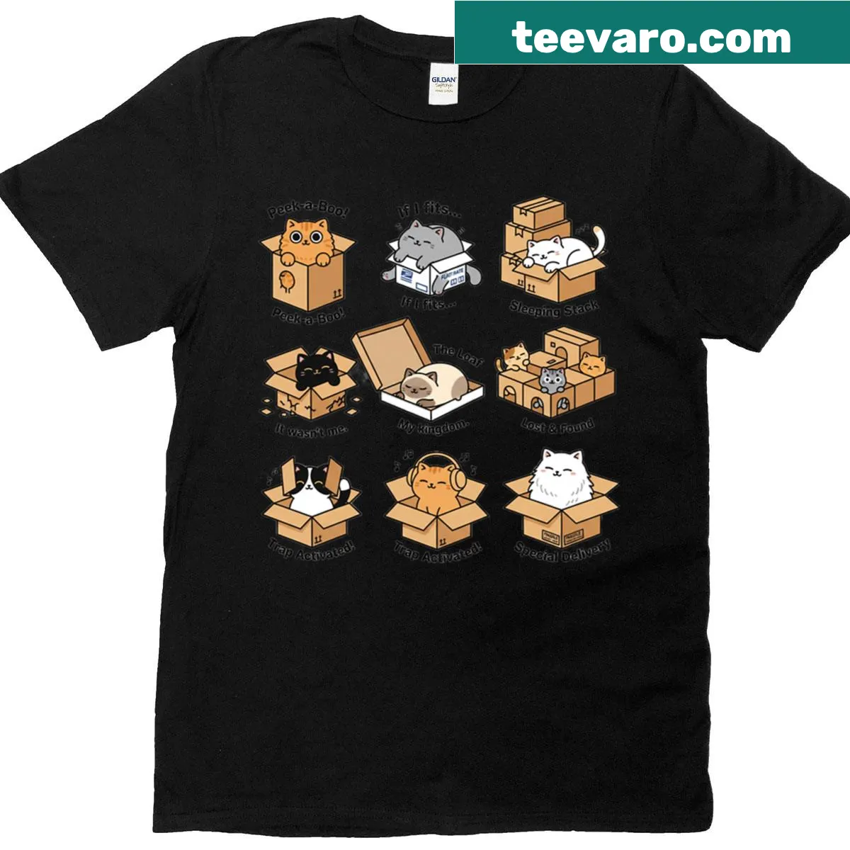 Kawaii T-shirt featuring adorable cats in boxes design. — on a men's t-shirt