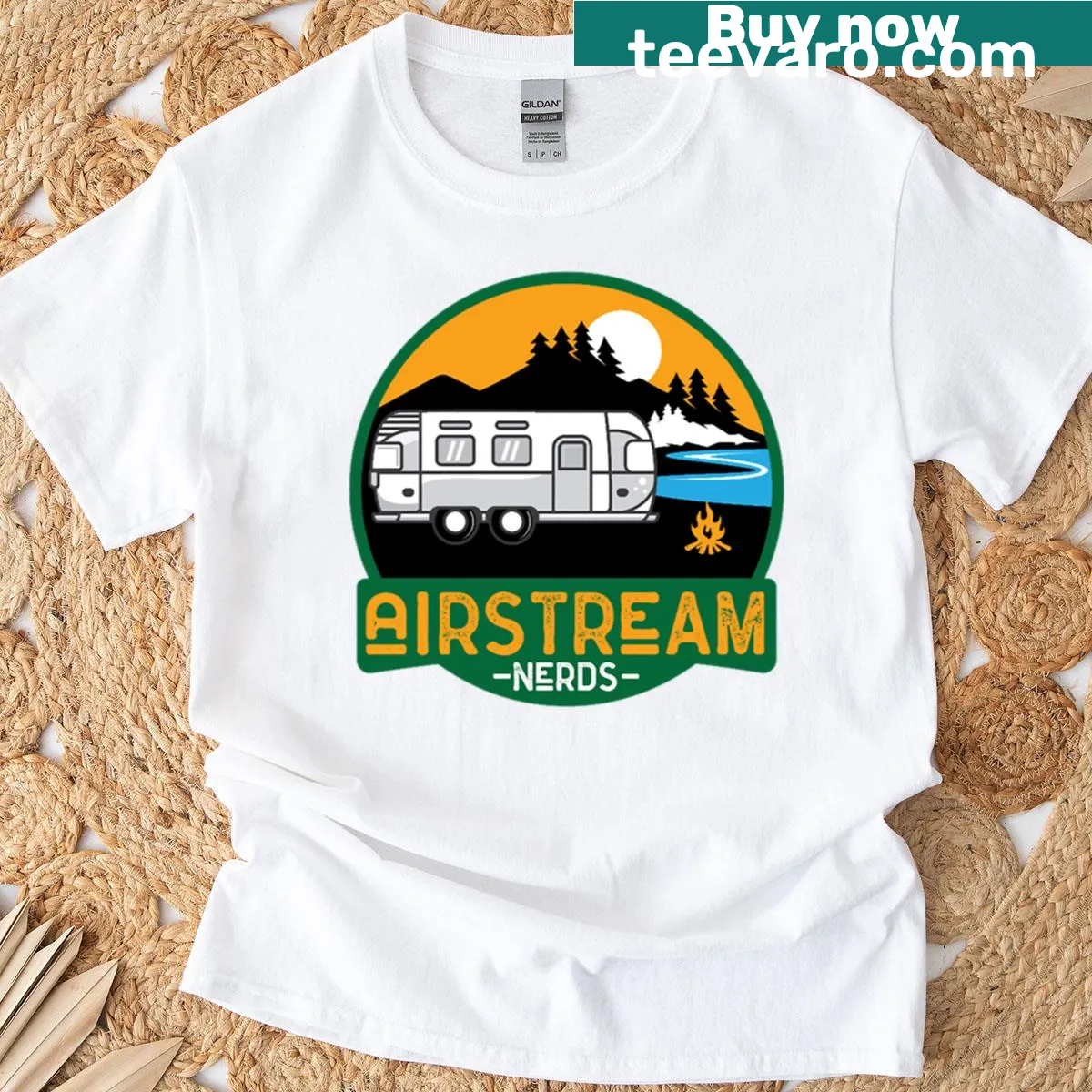 Illustrated T-shirt celebrating Airstream culture in nature — on a men's t-shirt