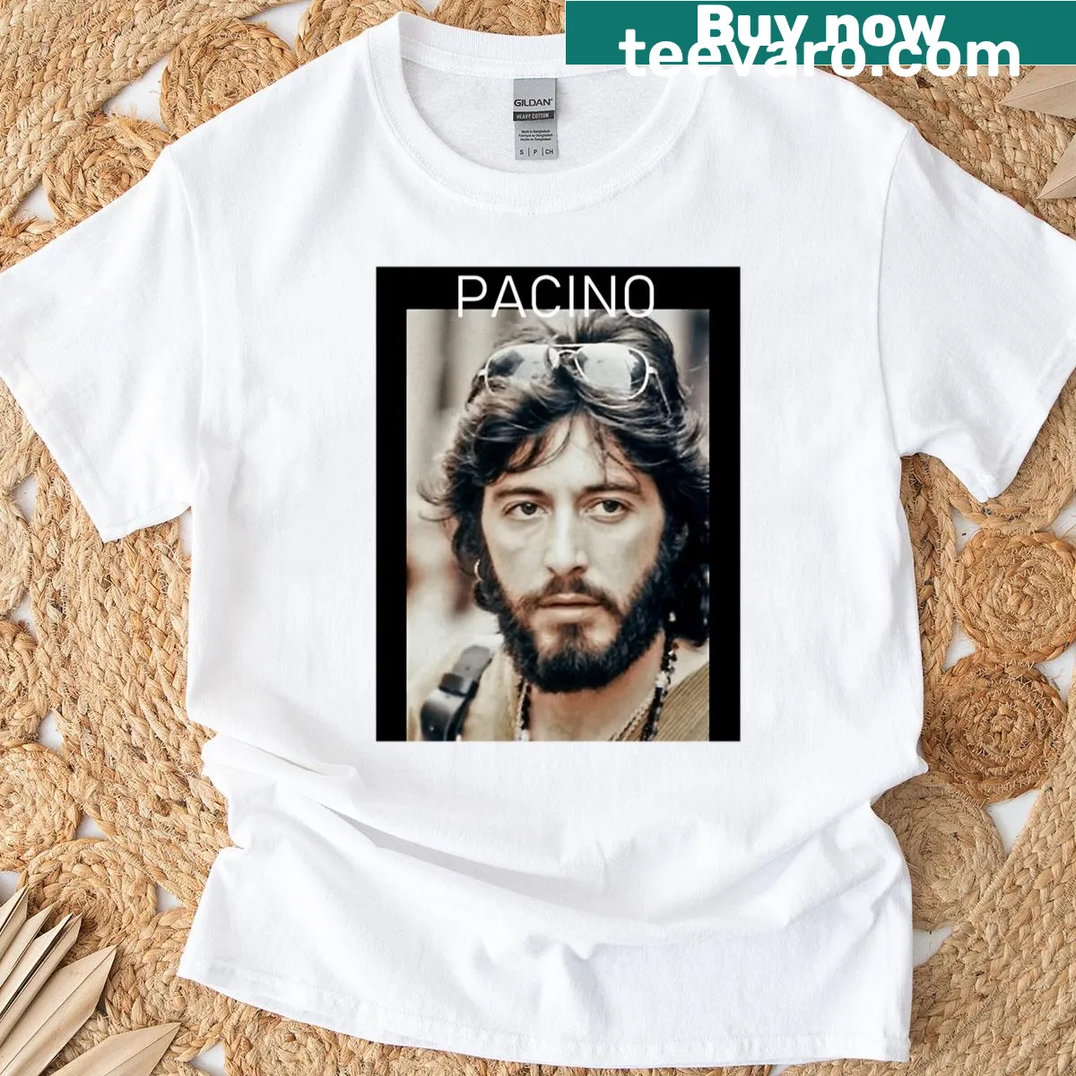 T-shirt honoring Al Pacino, featuring typography inspired by his films. — on a men's t-shirt