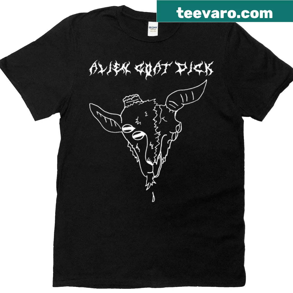 Cartoon alien goat graphic t-shirt design — on a men's t-shirt