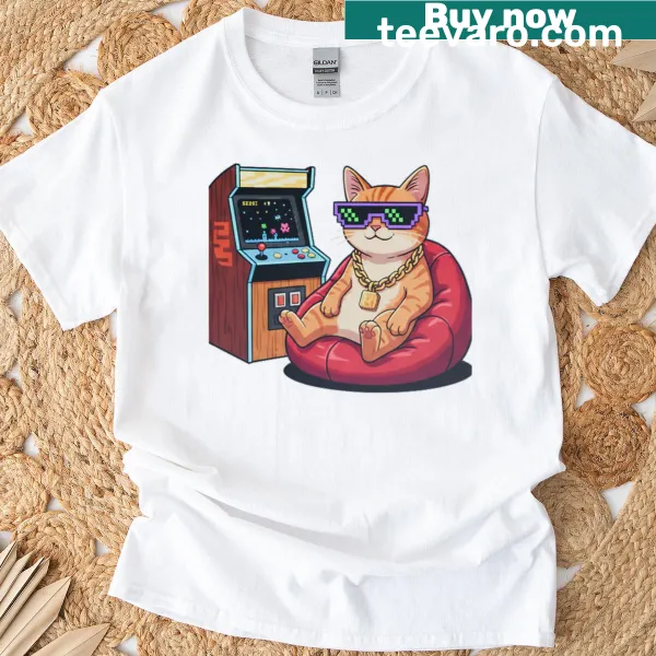 Cartoon cat wearing a headset in a boss pose on a gaming tee
