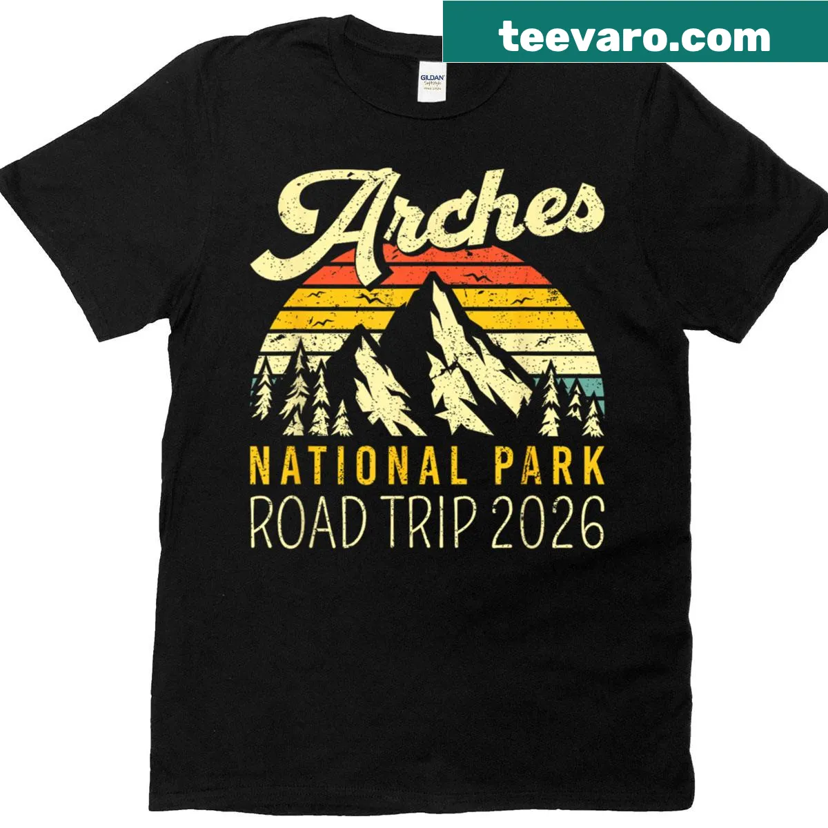 T-shirt featuring graphics inspired by Arches National Park — on a men's t-shirt