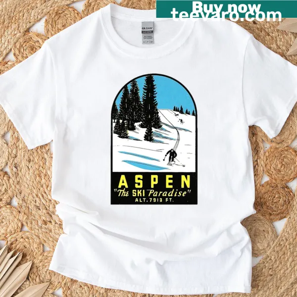 Vintage ski travel decal T-shirt featuring Aspen Colorado theme.