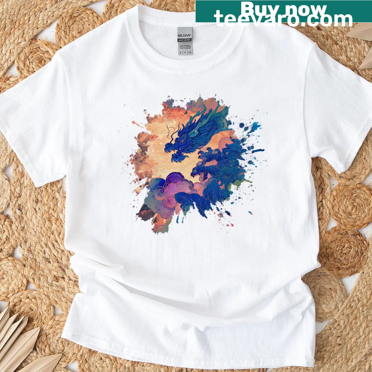 Azure dragon ink splash art on a fantasy-themed t-shirt — on a men's t-shirt