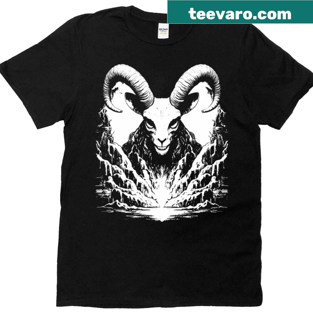 Distressed Baphomet skull design on a gothic T-shirt — on a men's t-shirt