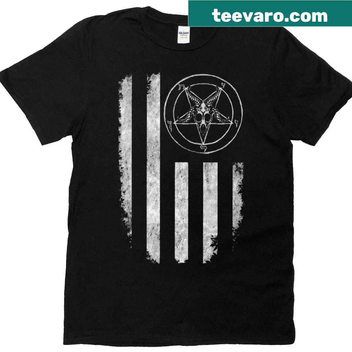 Bold graphic t-shirt featuring Baphomet-themed illustration — on a men's t-shirt