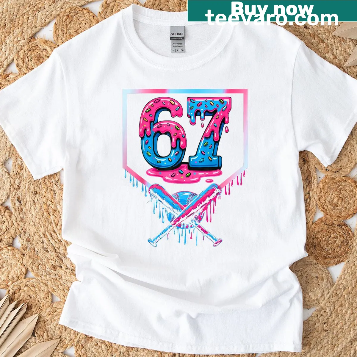 Humorous meme T-shirt with ice cream drip and 'Baseball 67' text — on a men's t-shirt