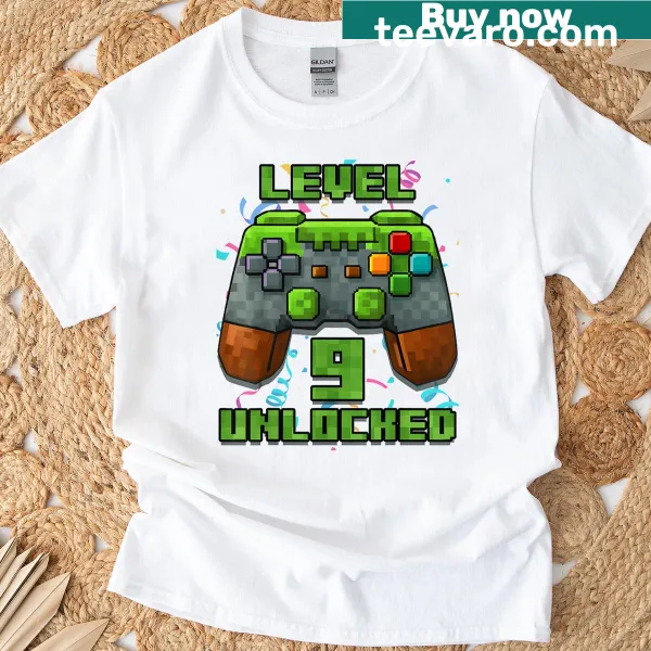 Playful pixel gamer t-shirt for kids celebrating 9th birthday