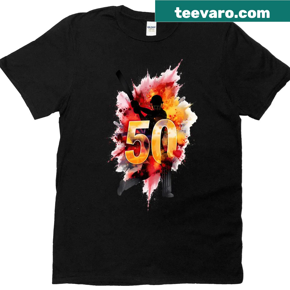Silhouette of a cricketer in explosive orange on a t-shirt — on a men's t-shirt