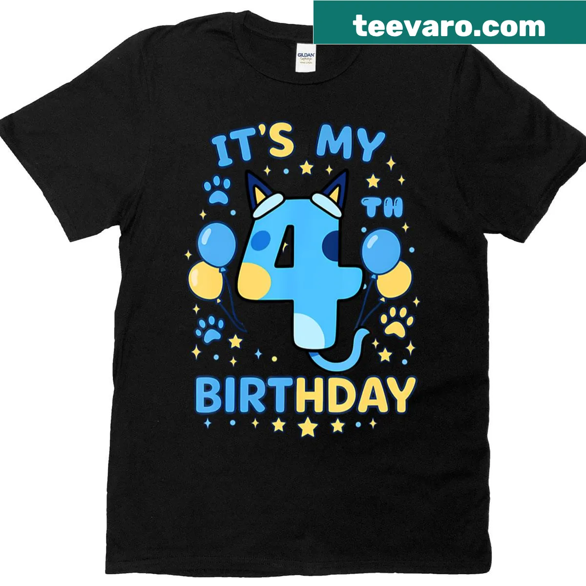 Cute blue dog T-shirt for a boy's 4th birthday party — on a men's t-shirt