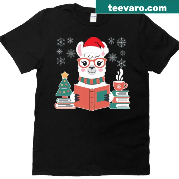 Black llama wearing a Santa hat on a Christmas-themed t-shirt