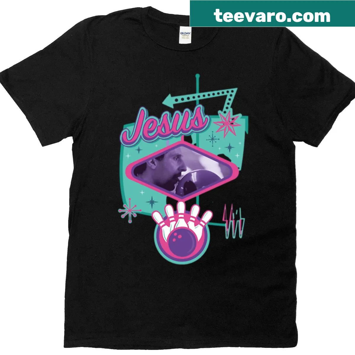 Whimsical graphic of Jesus bowling on a playful t-shirt — on a men's t-shirt