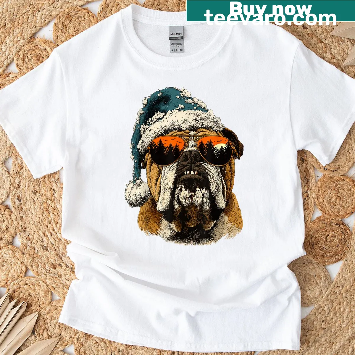 British Bulldog wearing sunglasses and a Santa hat illustration — on a men's t-shirt