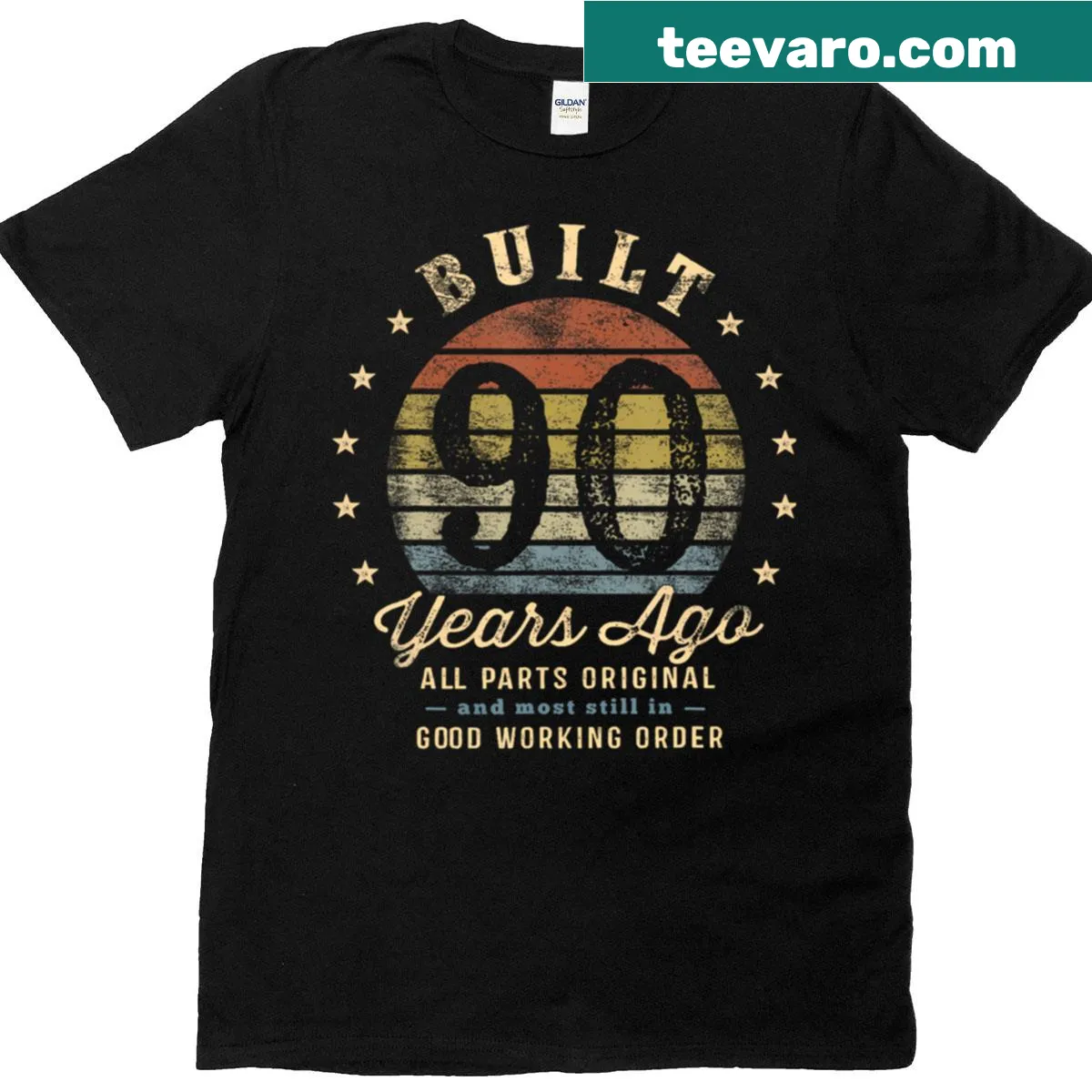 Vintage-style T-shirt celebrating 90th birthday with original parts text — on a men's t-shirt