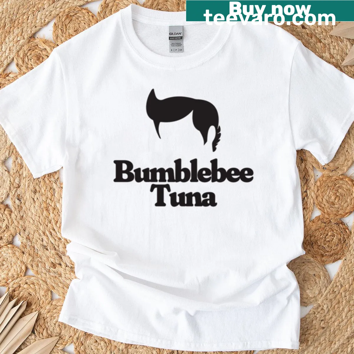 T-shirt featuring Bumblebee Tuna brand typography — on a men's t-shirt