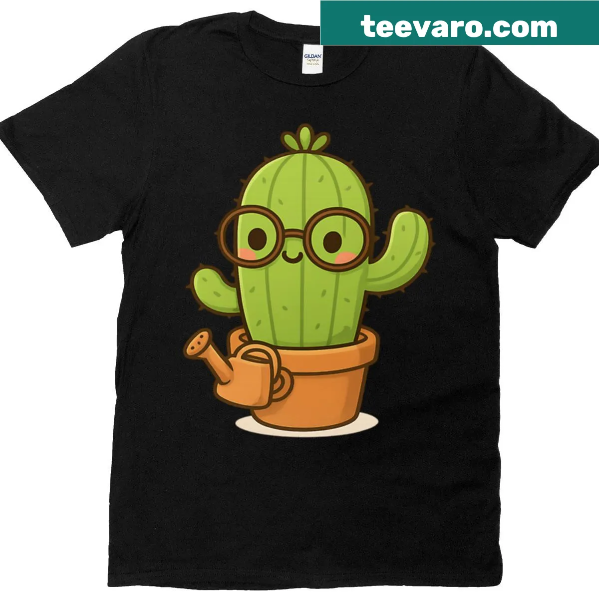 Cute illustration of a smiling cactus in a pot with glasses on a t-shirt. — on a men's t-shirt