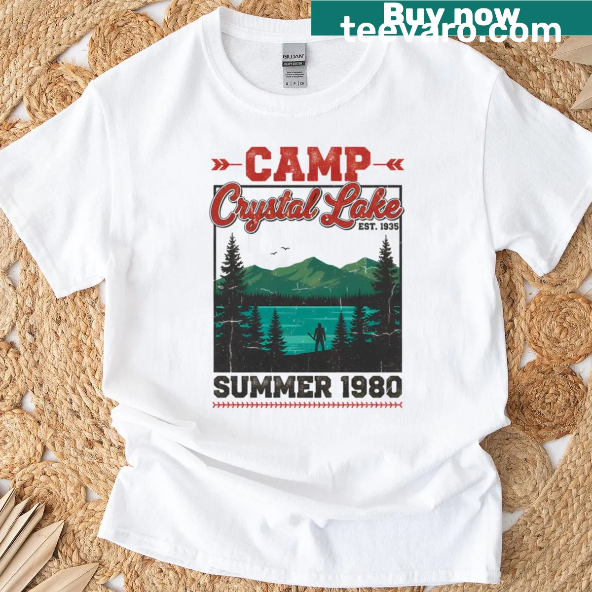 T-shirt featuring Camp Crystal Lake graphic from Friday The 13th — on a men's t-shirt