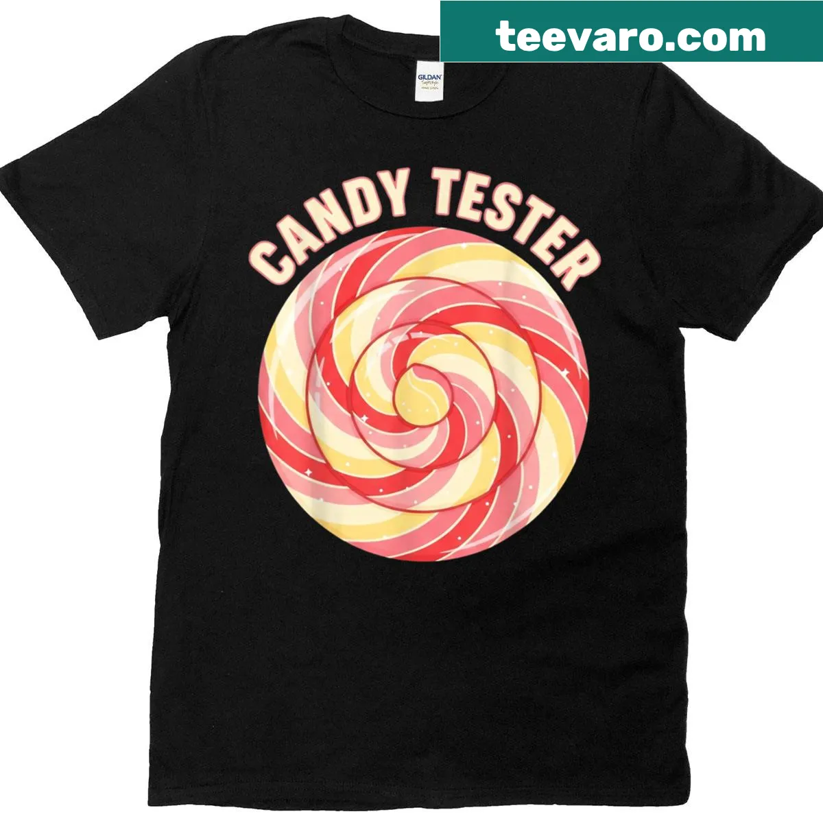 Retro lollipop graphic on Candy Tester t-shirt for sweet lovers — on a men's t-shirt