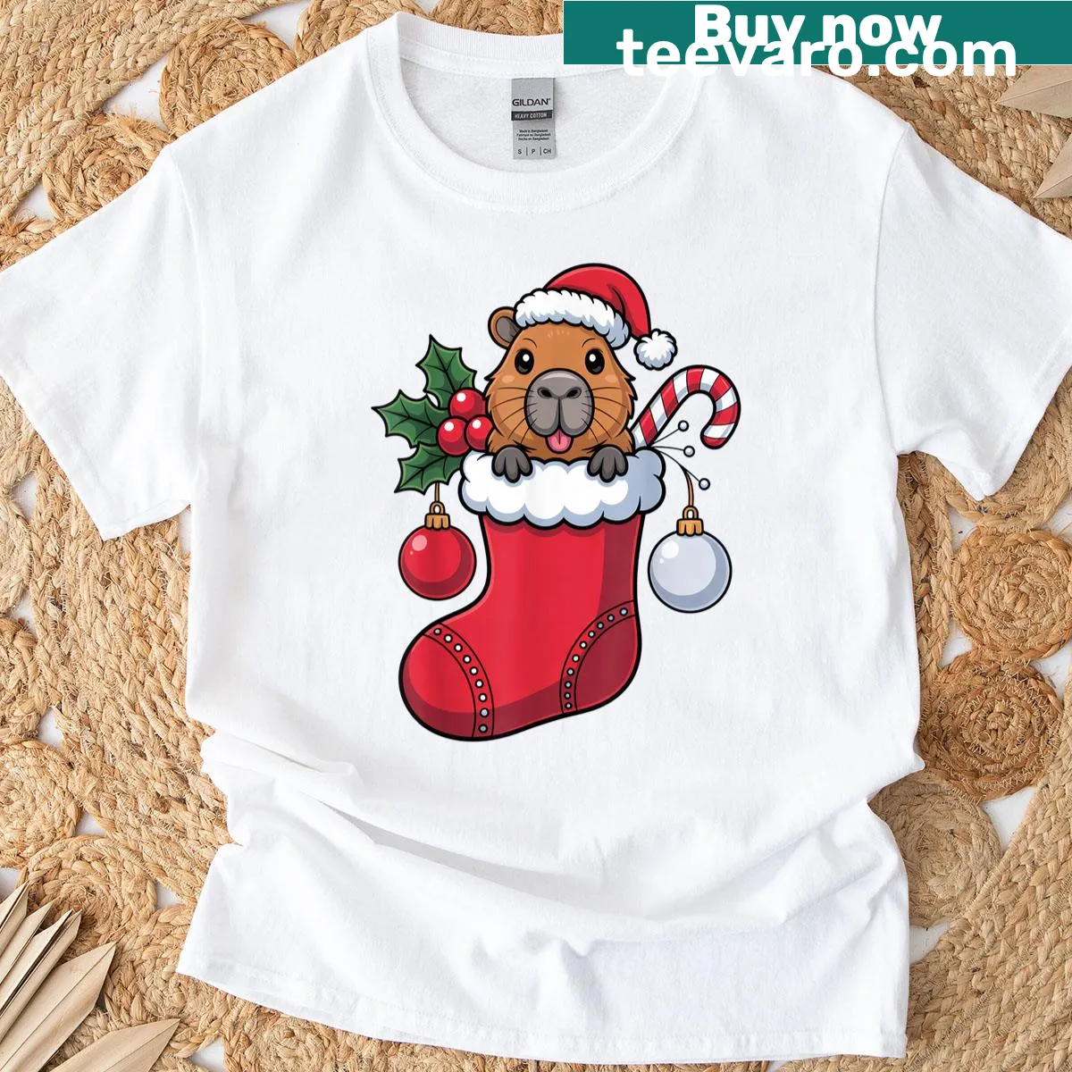 Cute capybara in a Christmas stocking graphic on a festive tee — on a men's t-shirt