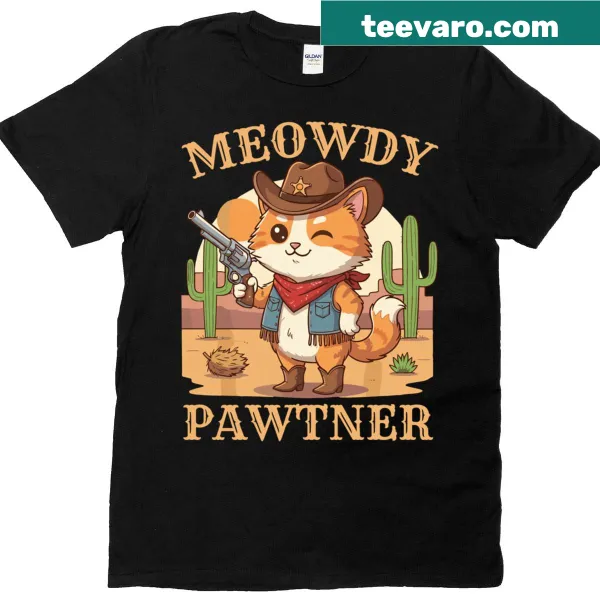 Whimsical Cat Cowboy graphic on a T-shirt