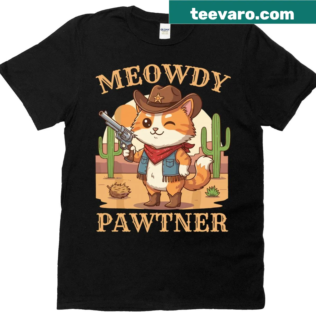 Whimsical Cat Cowboy graphic on a T-shirt — on a men's t-shirt