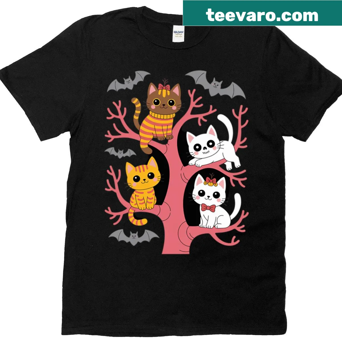 Vintage-style graphic of cats and horror movies on a t-shirt — on a men's t-shirt
