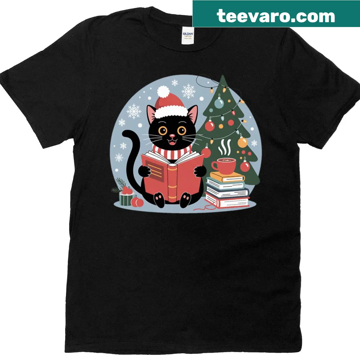 Cute T-shirt featuring Cat Santa reading a book with festive accents — on a men's t-shirt