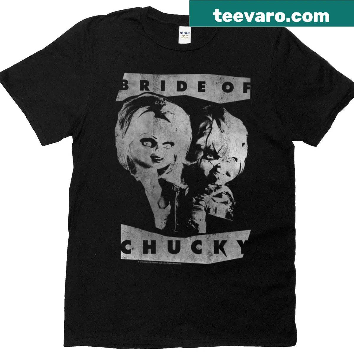 Faded portrait of Bride of Chucky on a horror-themed T-shirt — on a men's t-shirt