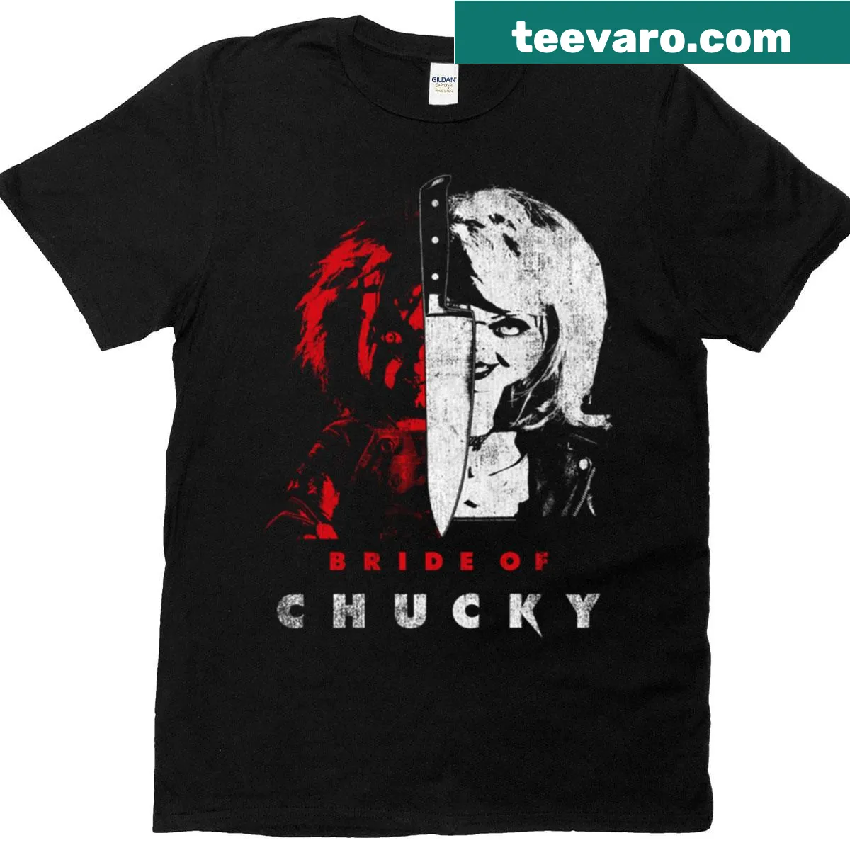 Split portrait of Bride of Chucky illustrated on a t-shirt — on a men's t-shirt