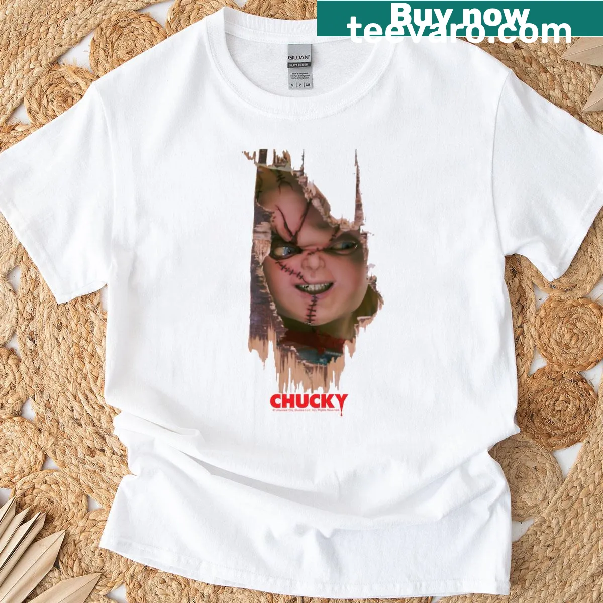 Chucky horror-themed T-shirt featuring broken door poster design — on a men's t-shirt