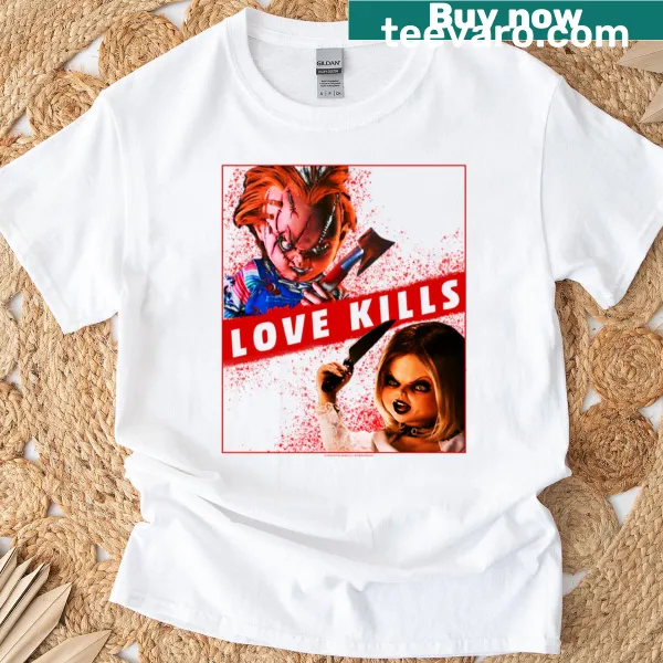 Chucky and Tiffany graphic from Child's Play on a T-shirt