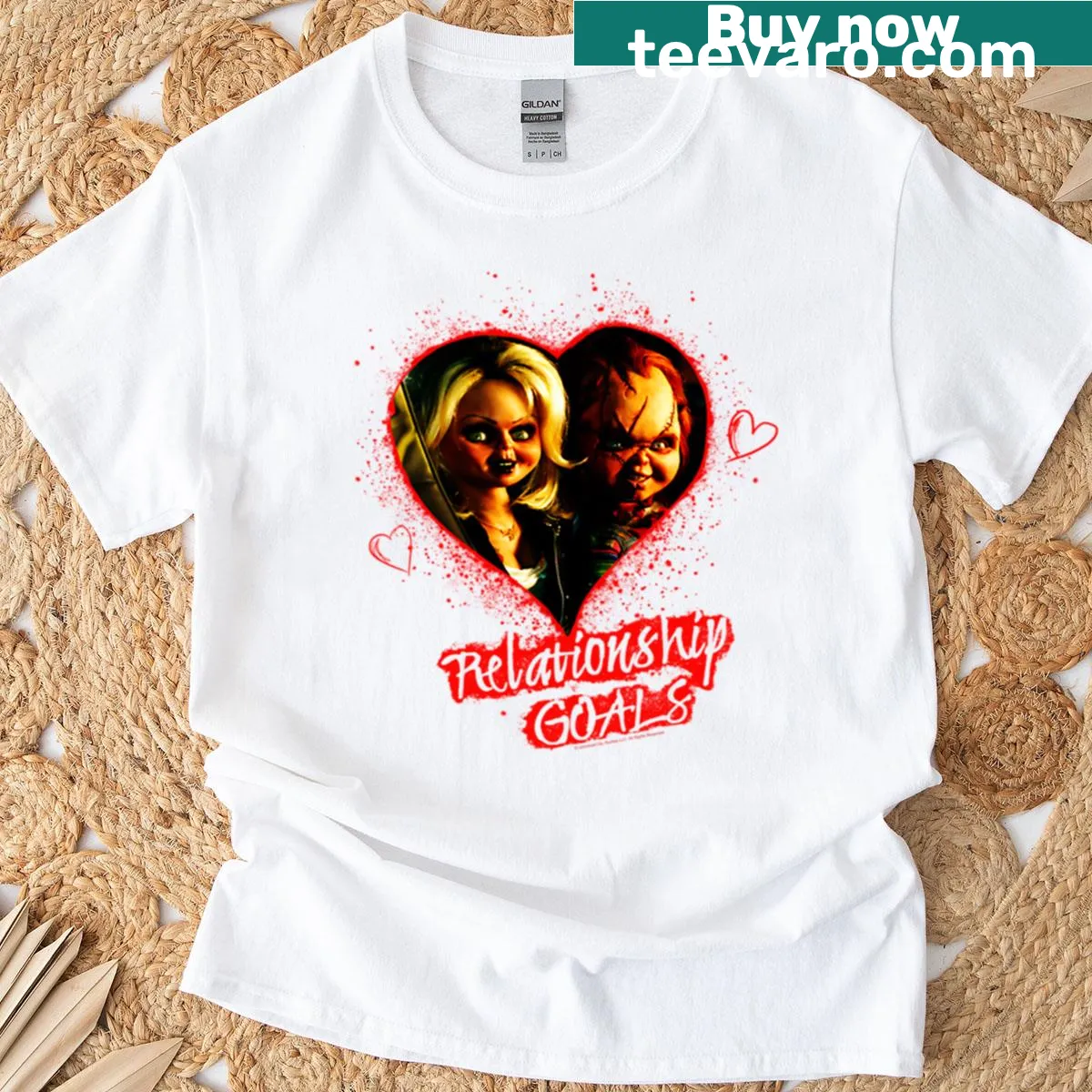 Chucky and Tiffany illustration with text 'Relationship Goals' — on a men's t-shirt
