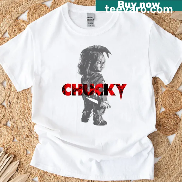 T-shirt featuring Child's Play Chucky logo in red accents