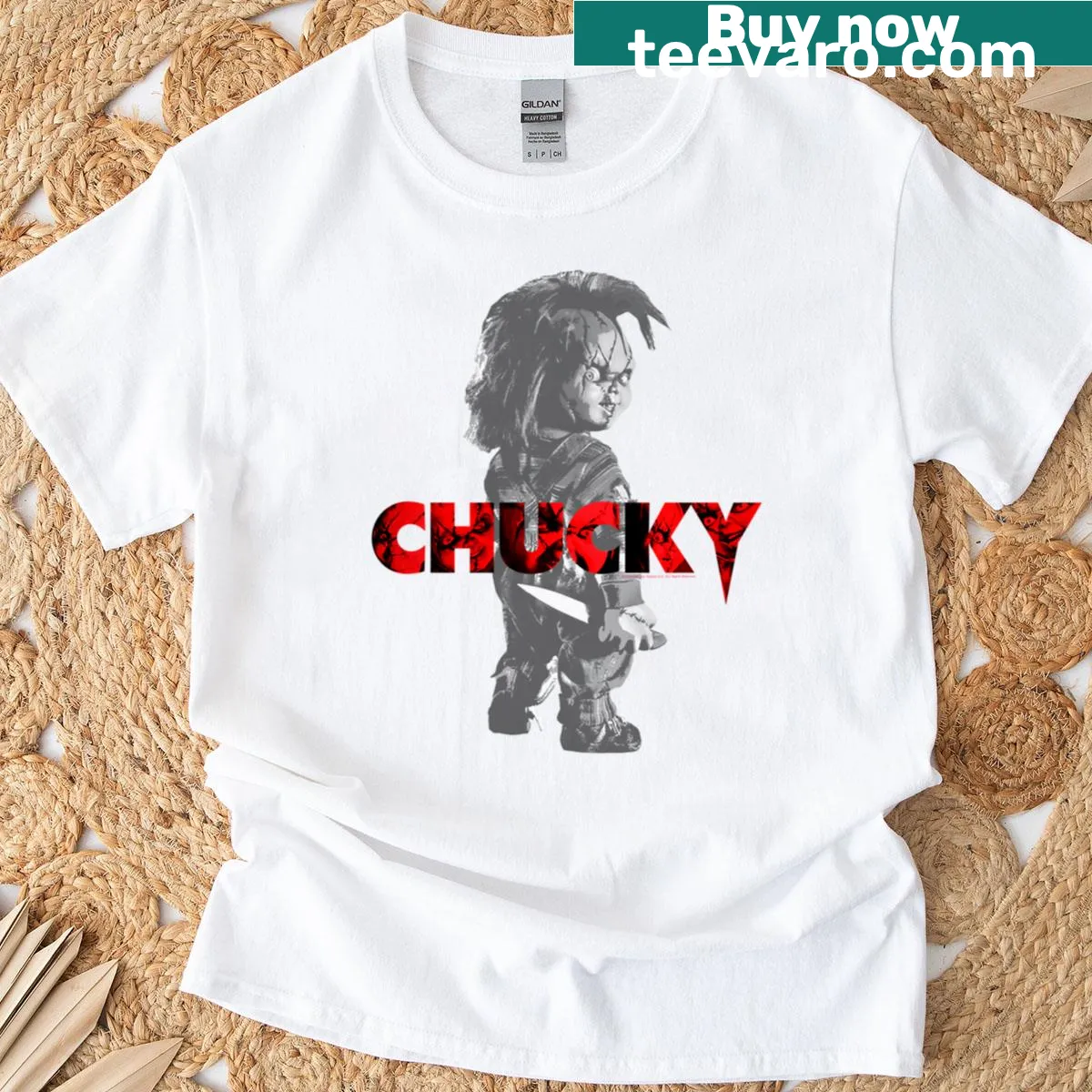 T-shirt featuring Child's Play Chucky logo in red accents — on a men's t-shirt