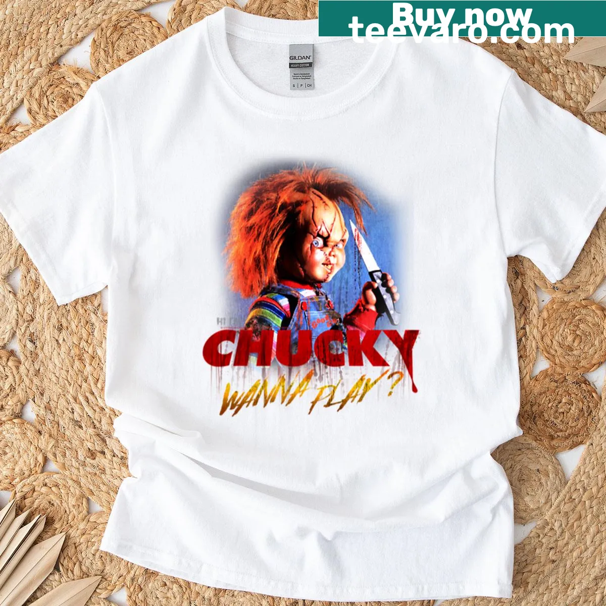 Creepy portrait of Chucky from Child's Play on a t-shirt — on a men's t-shirt