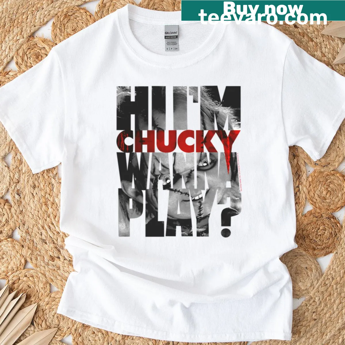 Text t-shirt with 'Hi I'm Chucky Wanna Play?' in bold lettering — on a men's t-shirt