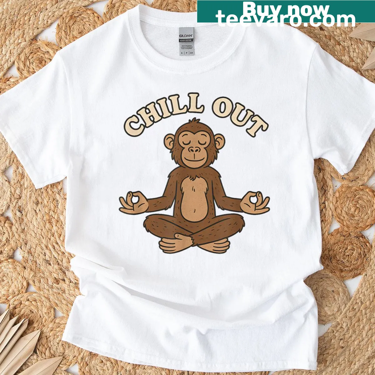 Cartoon meditating monkey graphic t-shirt — on a men's t-shirt