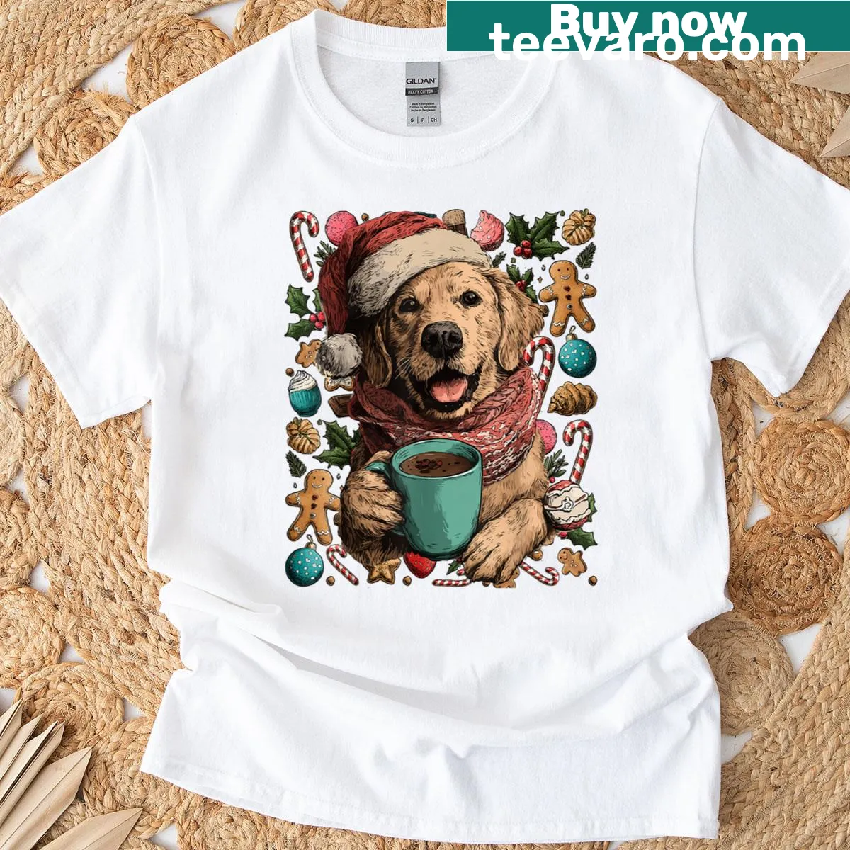 Golden retriever in a Santa hat with cocoa and cookies illustration — on a men's t-shirt