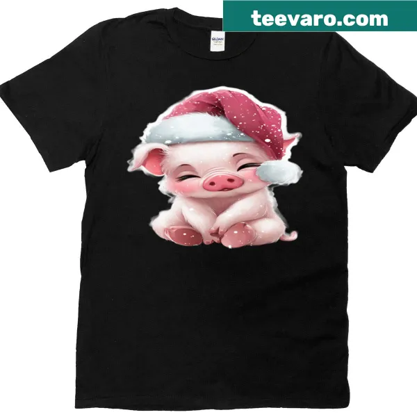 Cute cartoon piglet in a holiday setting on Christmas T-shirt