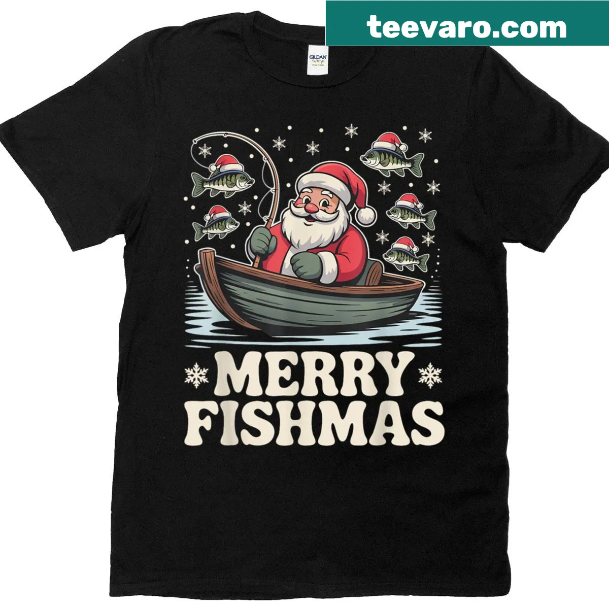 Whimsical Santa fishing illustration on a holiday t-shirt. — on a men's t-shirt