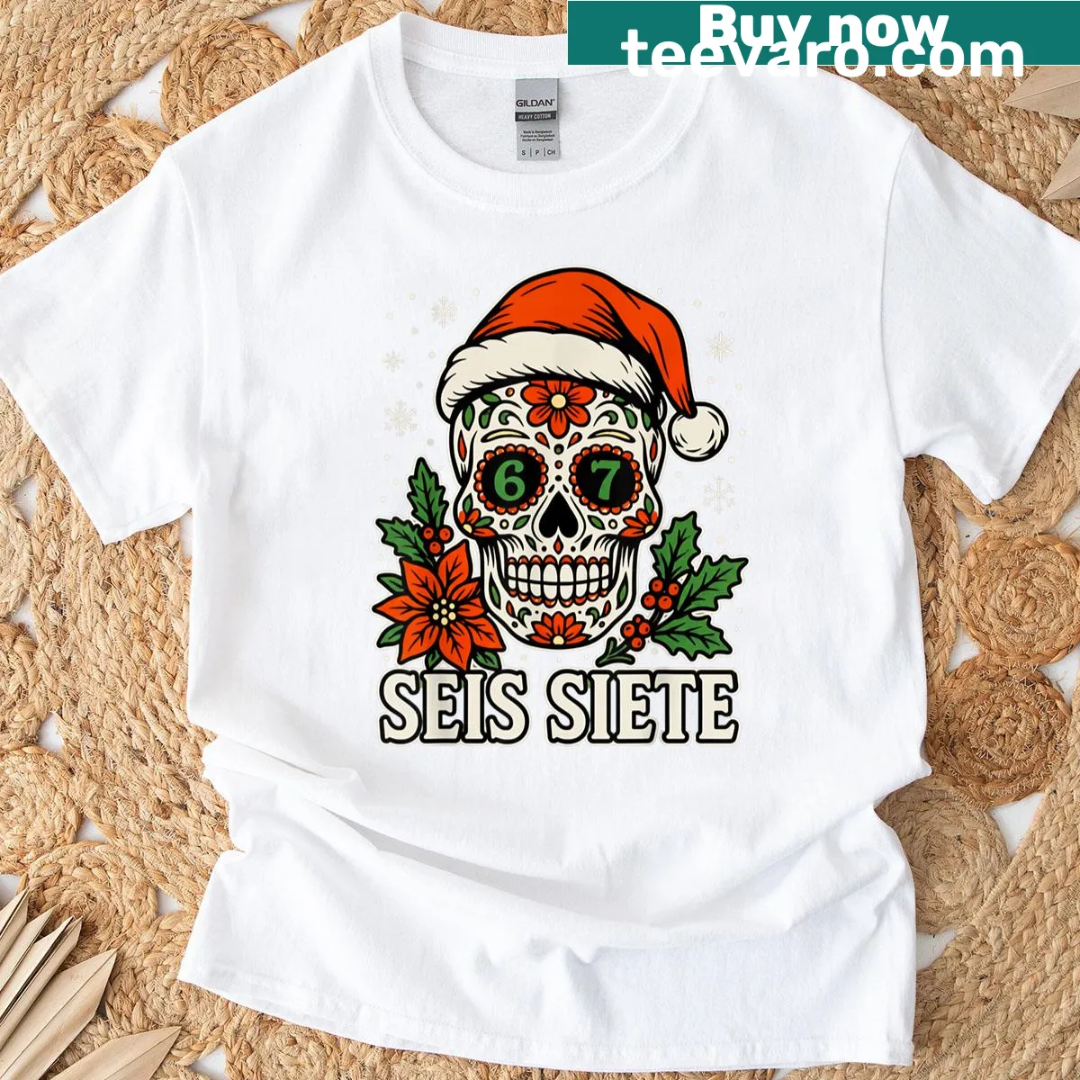 Illustrated Christmas T-shirt with sugar skull design for the holidays — on a men's t-shirt