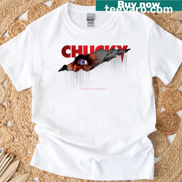 Chucky t-shirt with detailed graphic of a shining blue eyeball
